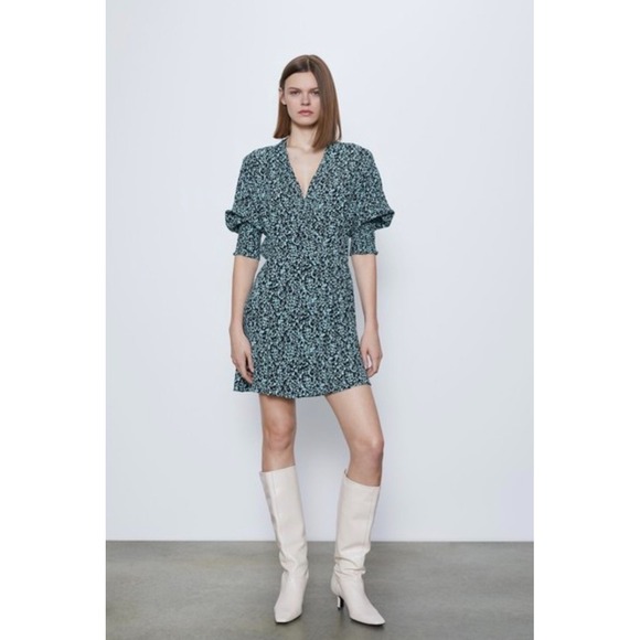 Zara Dresses & Skirts - Zara Blue & Black Leopard Print Wrap Mini Dress Women's XS 3/4 Sleeve